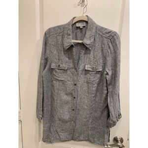 JM Collection Women Linen Button Down Shirt  Lagonlook Collared Size 10 Gray